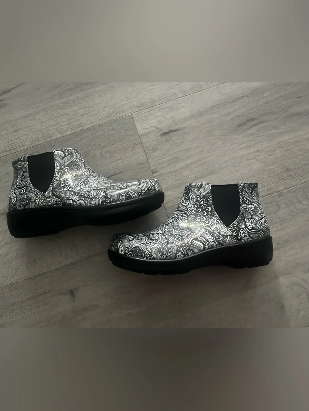 Alegria Black & White Patterned Ankle Rain Boots